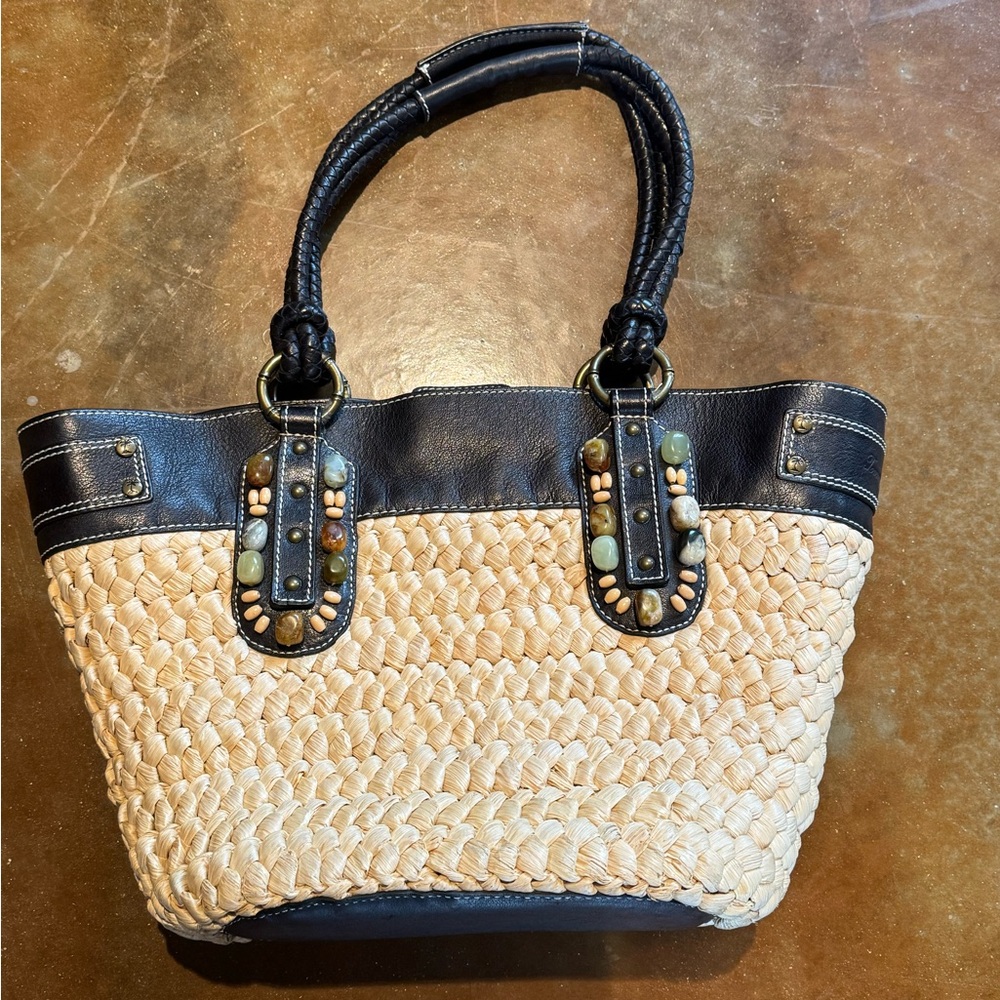 Tommy Bahama Woven Straw Tote with Black Trim and Beaded Accents